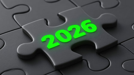 The image features a black puzzle piece with the year 2026 glowing in green, symbolizing future planning and strategic goals in a creative context.の素材
