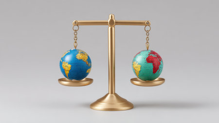 This image features two colorful globes representing continents on a golden scale, symbolizing balance and equity in global trade and partnership.の素材