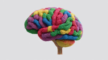 This image showcases a colorful abstract brain representation with vibrant patterns set against a neutral background, symbolizing creativity and mental processes.の素材