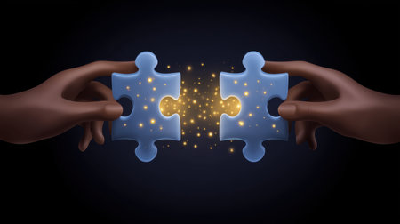 Two hands reach out to connect two blue puzzle pieces, generating a glowing light with sparkles, symbolizing teamwork and collaboration in creative processes.の素材