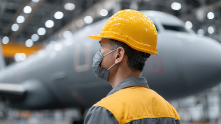 A dedicated industrial worker wearing a helmet and mask stands in an aircraft hangar, focusing on aircraft maintenance and safety protocols in a well-lit facility.の素材