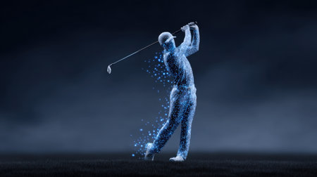 This captivating illustration showcases a golfer in mid-swing, surrounded by an abstract sparkling effect against a dark backdrop, symbolizing energy and motion.の素材