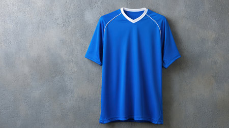 A bright blue short-sleeve athletic shirt is elegantly hanging against a textured gray wall, showcasing its simplicity and style, perfect for active lifestyles.の素材