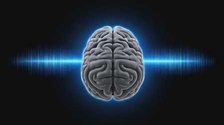 A detailed representation of a human brain with sound waves emanating from it, set against a dark background, symbolizing the connection between thought and music.の素材