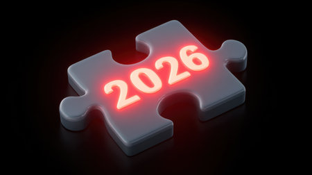 A glowing puzzle piece featuring the number 2026, representing future planning and strategic vision for business success and innovation. Ideal for various concepts.の素材
