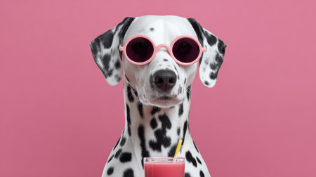 A stylish Dalmatian dog wearing pink sunglasses poses against a bright pink background, showcasing a vibrant personality while holding a refreshing drink.の素材