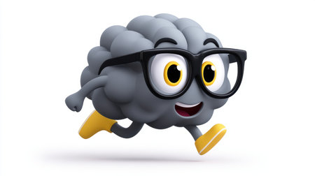This vibrant cartoon illustration features a cheerful brain character wearing glasses and running energetically. Perfect for educational and creative projects, this playful design embodies imagination and fun.の素材