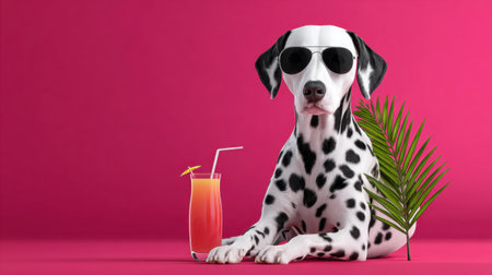 A stylish Dalmatian dog wearing sunglasses lounges beside a refreshing drink and a palm leaf, set against a bright pink background. Perfect for summer themes.の素材