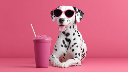 A cheerful Dalmatian wearing stylish sunglasses sits next to a refreshing pink drink, creating a fun and vibrant scene perfect for summer.の素材