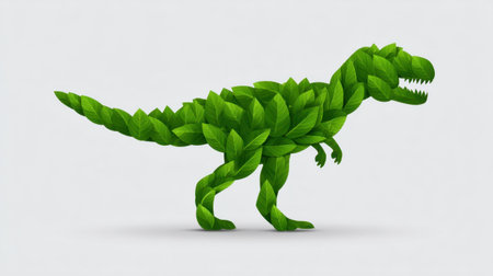 This unique illustration features a dinosaur designed entirely from vibrant green leaves, symbolizing the harmony between nature and wildlife.の素材