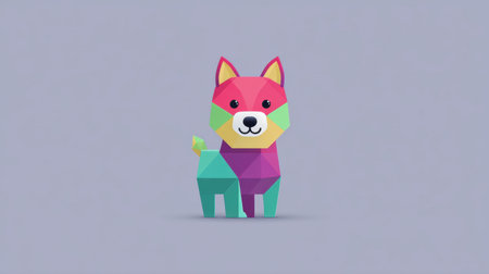 This vibrant geometric dog illustration showcases a playful character made from colorful shapes, ideal for design projects, children's content, and more.の素材