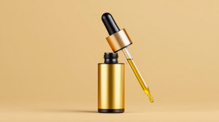This image features an elegant gold dropper bottle with a pipette, showcasing a rich liquid against a soft beige background, perfect for beauty branding.の素材