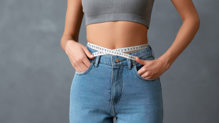 A fashionable woman demonstrates body measurement using a tape measure around her waist, showcasing a blend of fitness and style. Perfect for health topics.の素材