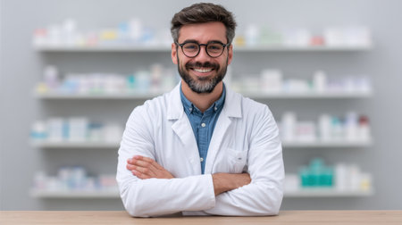 A friendly male pharmacist in a white coat smiles warmly with arms crossed, standing in front of neatly arranged pharmacy shelves filled with medication, highlighting a welcoming atmosphere in healthcare.の素材