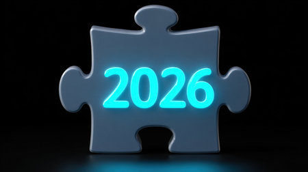 A striking image of a glowing puzzle piece featuring the number 2026, symbolizing future planning and growth against a sleek black background.の素材
