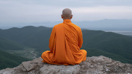A tranquil scene featuring a monk in an orange robe meditating on a rocky outcrop, surrounded by lush green mountains and a cloudy sky.の素材