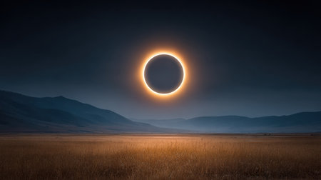 A breathtaking solar eclipse unfolds over a tranquil landscape featuring distant mountains and golden grass, capturing the awe of a celestial event.の素材