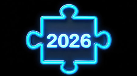 A vivid and modern glowing puzzle piece featuring the year 2026, perfect for concepts related to the future, creativity, and planning.の素材