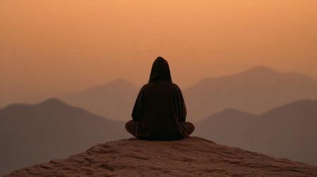 A solitary figure sits on a rocky peak, dressed in a hoodie, meditating as the sun rises over majestic mountains, creating a tranquil and serene atmosphere.の素材