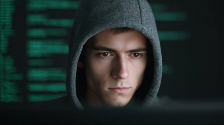 A young male programmer wearing a hoodie intensely focuses on his computer screen, surrounded by green code. This image reflects themes of software development and cybersecurity.の素材