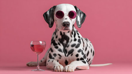 A fashionable Dalmatian dog lounges gracefully with pink sunglasses and a cocktail glass, set against a bright pink background, radiating fun and style.の素材