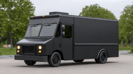 A sleek black delivery truck parked on a flat paved surface, surrounded by lush green trees, ideal for urban transport and delivery services.の素材