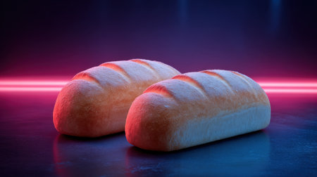 Two freshly baked bread loaves rest on a dark surface, illuminated by colorful, warm lighting. The soft crust invites a sense of comfort and culinary delight.の素材