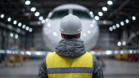 A worker in a safety vest and helmet stands in a bright aircraft hangar, focused on a plane. The spacious environment showcases modern design, emphasizing safety and professionalism.の素材