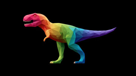 This vibrant polygonal illustration features a colorful Tyrannosaurus Rex against a sleek black background. Perfect for art, education, or entertainment themes.の素材