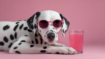 A playful Dalmatian dog wearing stylish sunglasses lounges against a soft pink background, sipping a refreshing pink drink. This cheerful scene embodies relaxation and joy.の素材