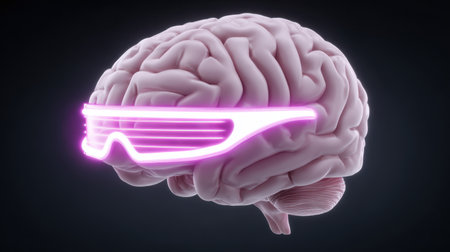This eye-catching digital artwork features a stylized brain wearing neon sunglasses, symbolizing the fusion of intellect and modern technology.の素材