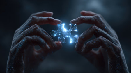 Two hands carefully hold a glowing puzzle piece against a dark cosmic background, symbolizing the search for connection and the wonders of discovery.の素材