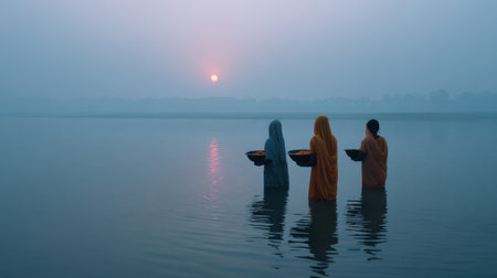 Three women dressed in vibrant sarees stand in water during sunrise, performing a peaceful prayer ritual in a serene river setting surrounded by mist.の素材