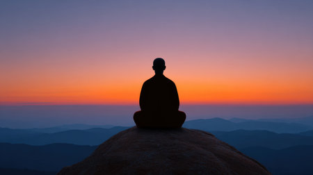 A serene silhouette of a meditating person sits on a rocky outcrop, overlooking the stunning sunset that paints the mountain horizon with vibrant hues.の素材