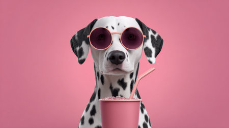 A fashionable Dalmatian dog wearing stylish sunglasses enjoys a refreshing drink, capturing the essence of fun and joy against a vibrant pink backdrop.の素材