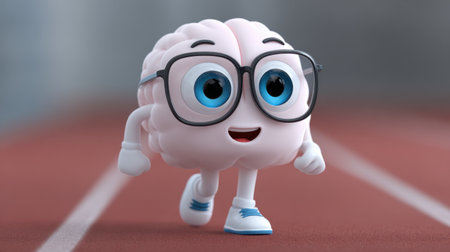 A charming cartoon brain character with glasses happily running on a track, promoting themes of education, creativity, and active lifestyle in vibrant colors.の素材