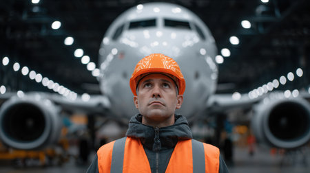 A confident aircraft worker in safety gear stands in a vast hangar, focused on the large jet behind. The worker embodies dedication and professionalism in aviation.の素材
