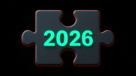 A stylized puzzle piece featuring the neon green number 2026 against a dark background, representing future possibilities and strategic planning.の素材