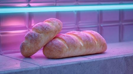 Two freshly baked bread loaves rest on a modern kitchen countertop, illuminated by soft neon lighting, creating a warm and inviting atmosphere.の素材