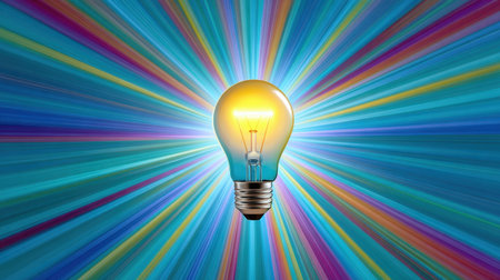 A striking image of a light bulb glowing brightly at the center, surrounded by dynamic rays of vibrant colors, symbolizing inspiration and creativity.の素材