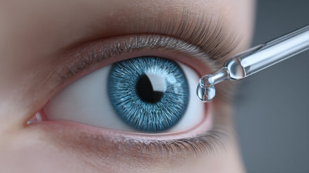 A close-up image showcasing a human eye with a water dropper applying eye drops. The focus highlights the intricate details of the iris and eyelashes, emphasizing eye care and hydration.の素材