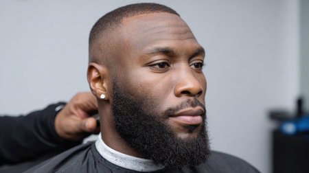 A close-up portrait capturing a man with a well-groomed beard during a haircut. The image showcases modern grooming techniques and captures a serene expression, conveying confidence and style in a contemporary barber setting.の素材