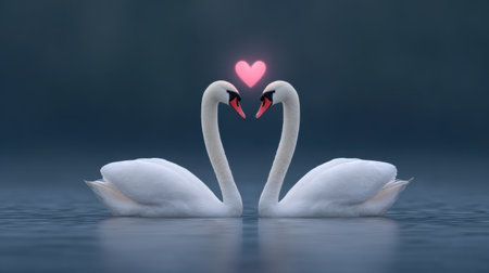 A stunning image of two swans gracefully entwined to form a heart shape, set against a tranquil water backdrop. The soft light enhances the romantic atmosphere.の素材