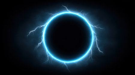Stunning electric circle radiates vivid blue light amidst striking dark surroundings, perfect for use in creative, digital, or artistic projects.の素材