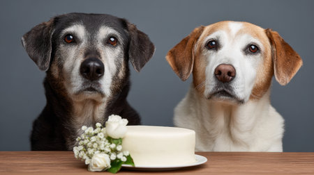 Two charming dogs sit attentively at a wooden table, gazing at a white cake adorned with flowers, capturing a heartwarming moment of anticipation.の素材
