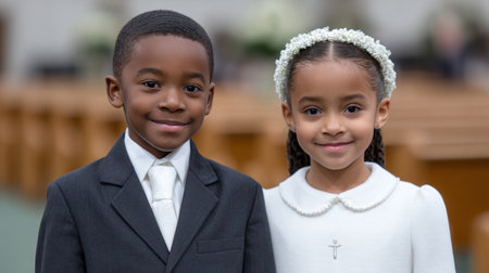 Two joyful children pose in formal attire, capturing innocence and happiness during a special occasion in a church. Their smiles reflect love and celebration.の素材