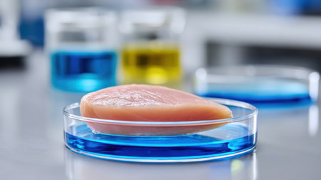A raw chicken breast is displayed on a petri dish filled with blue liquid, highlighting the intersection of food science and culinary art in a laboratory environment.の素材