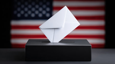 A white ballot envelope poised above a black ballot box against the backdrop of the American flag, representing the vital role of voting in democracy.の素材