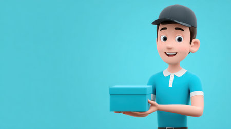 A cheerful male character wearing a cap holds a bright blue gift box against a simple blue backdrop, ideal for celebrating occasions and enhancing marketing materials.の素材