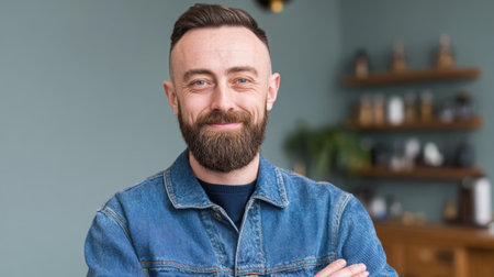 A cheerful man wearing a denim jacket smiles confidently in a modern coffee shop, showcasing a warm and inviting atmosphere perfect for relaxation.の素材